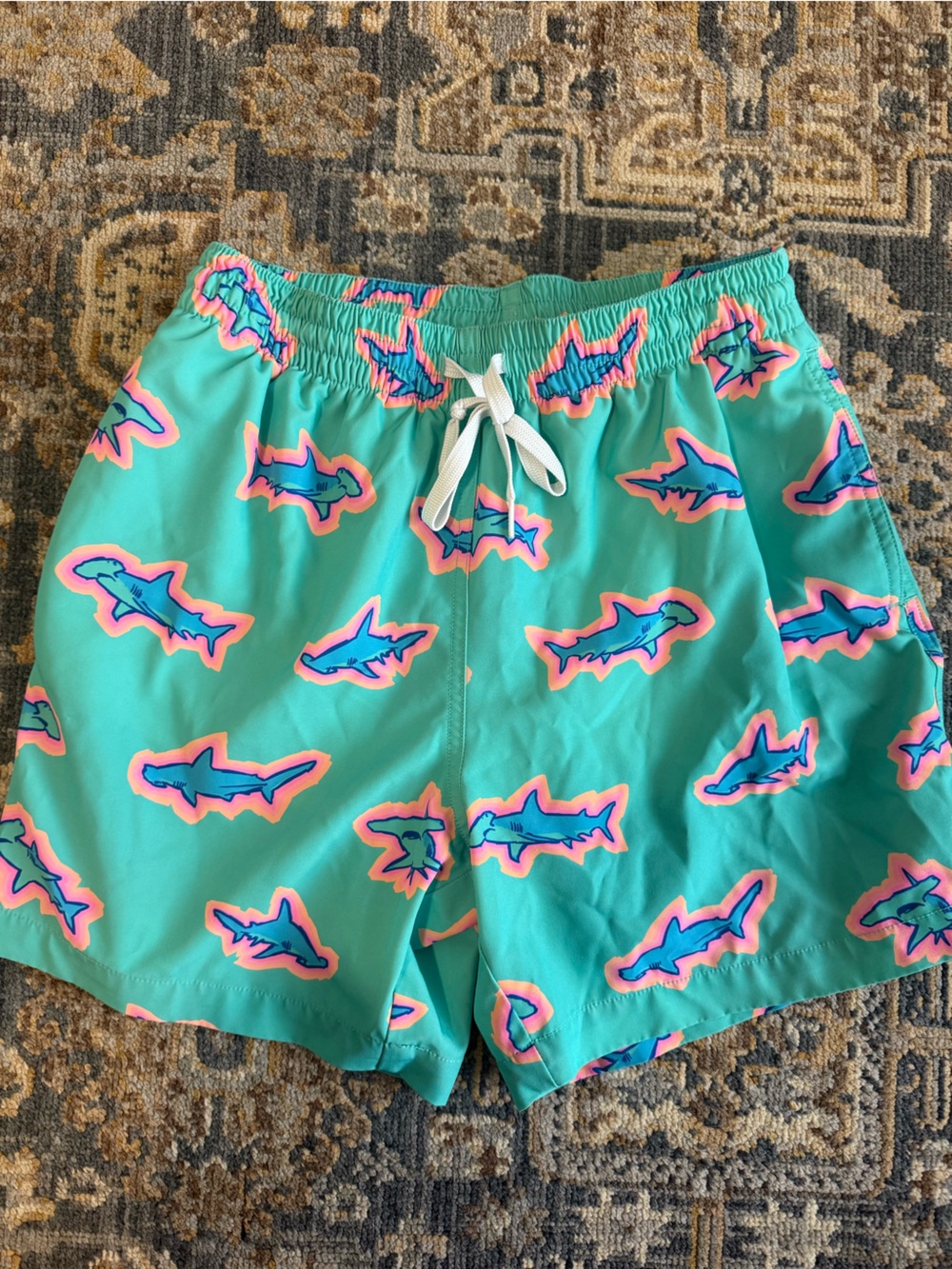 chubbies Teal Swim Trunks with Sharks 5.5 inch inseam